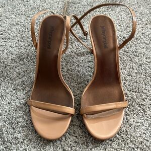 Jeffrey Campbell Exposed Neutral Nude Tan Patent Leather High Heel Sandals.